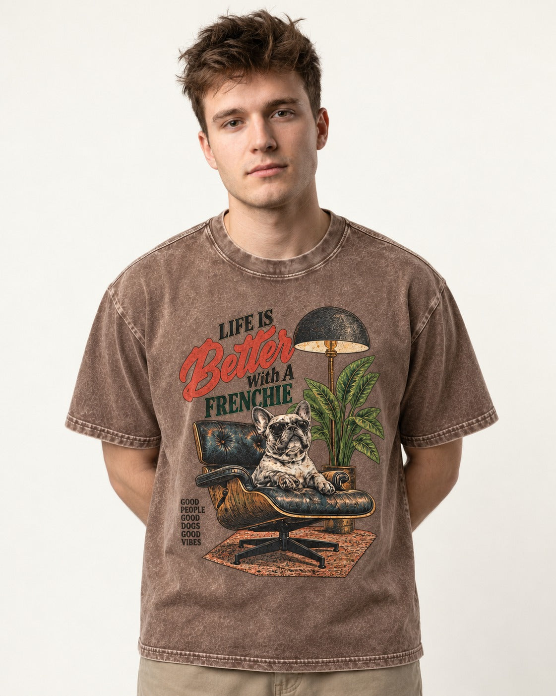 Better with a Frenchie Washed Tee in Coffee, worn by a model