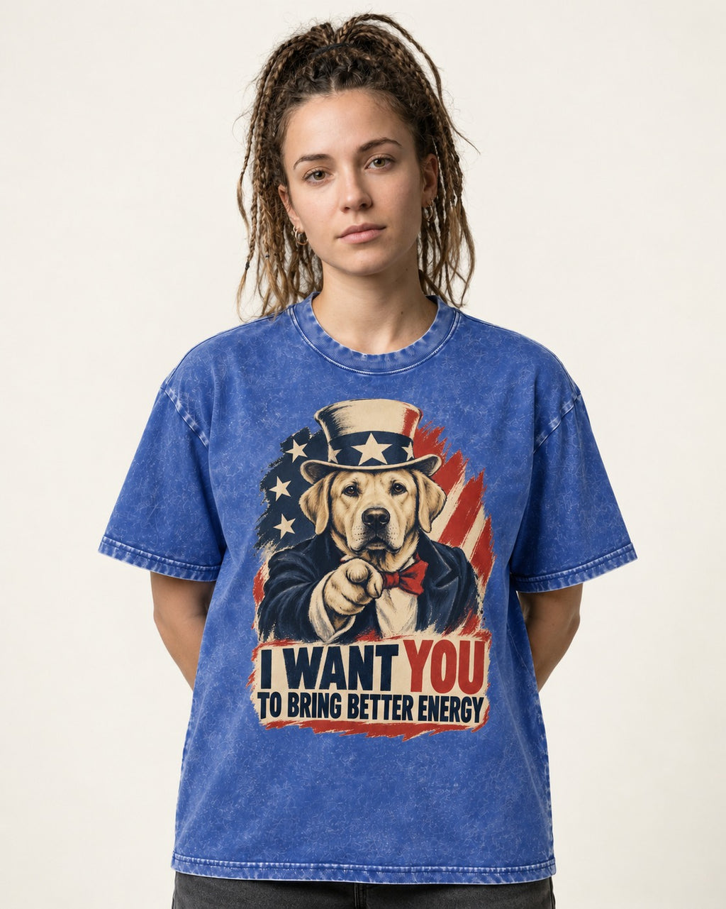 Labrador Retriever I Want You to Bring Better Energy Uncle Sam Graphic Washed Tee in Royal Blue, worn by a model