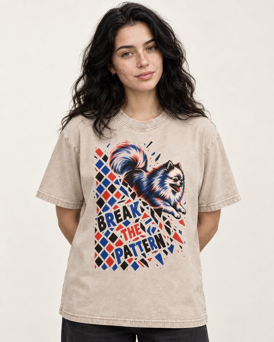 Pomeranian Break the Pattern Washed Tee in Apricot, worn by a model