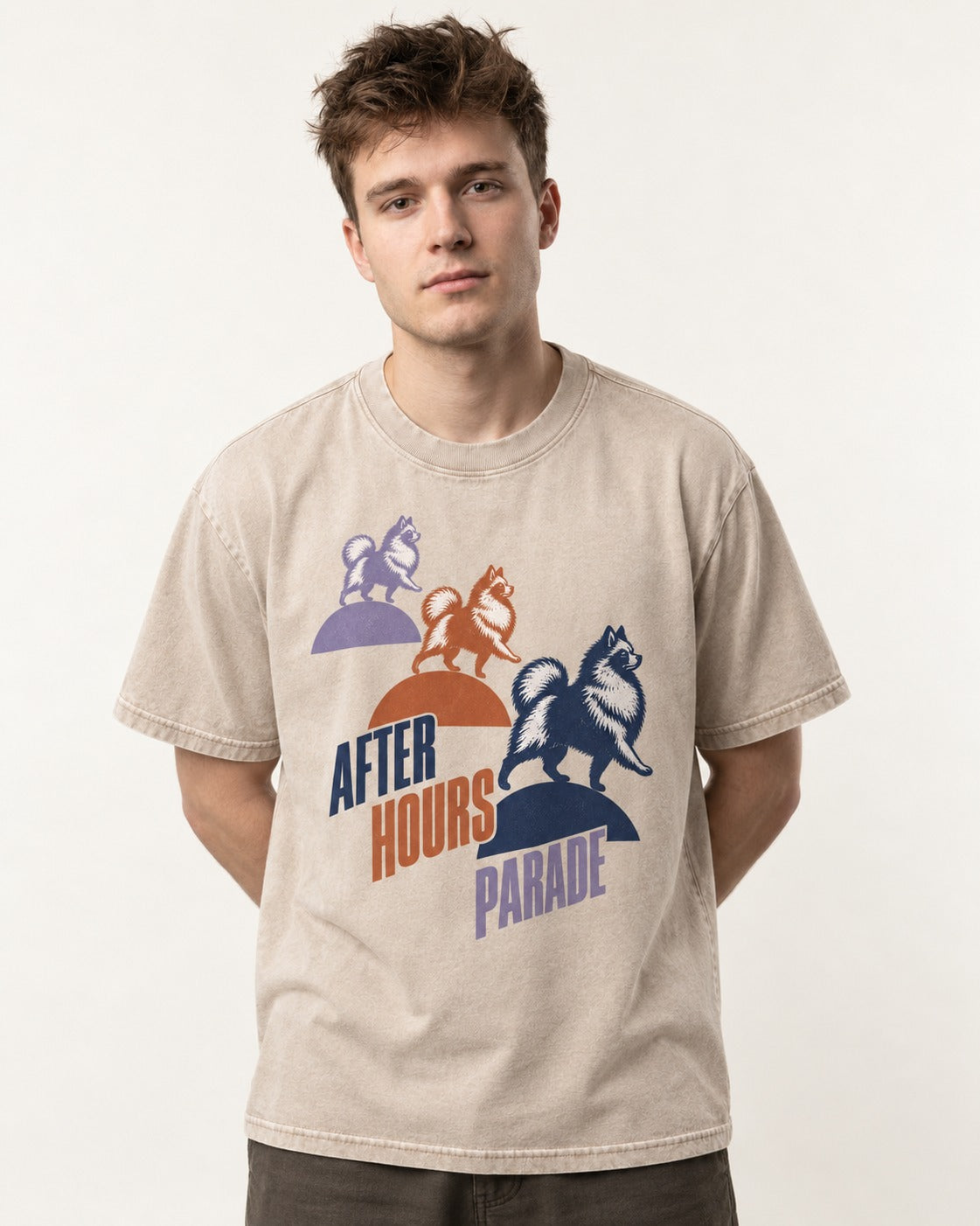 Pomeranian After Hours Parade Washed Tee in Apricot, worn by a model