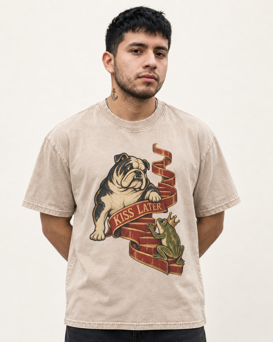 English Bulldog Kiss Later Frog Prince Graphic Washed Tee in Apricot, worn by a model