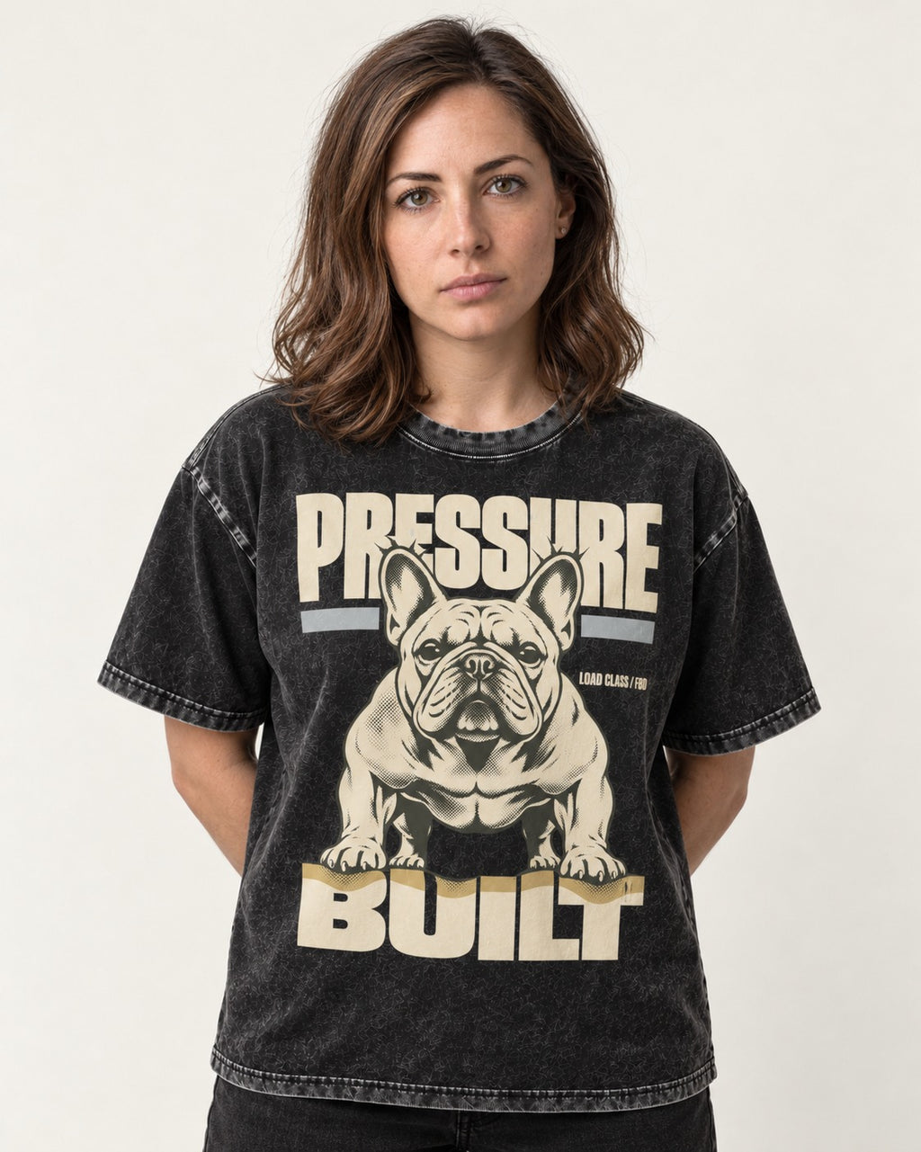 Frenchie Pressure Built Load Class Graphic Washed Tee in Black, worn by a model