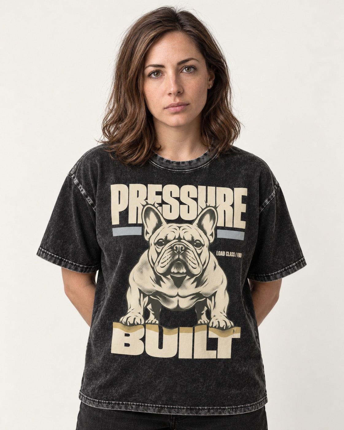 Frenchie Pressure Built Load Class Graphic Washed Tee in Black, worn by a model