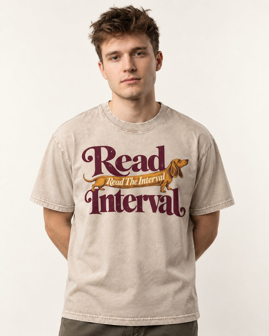 Read the Dachshund Interval Washed Tee in Apricot, worn by a model