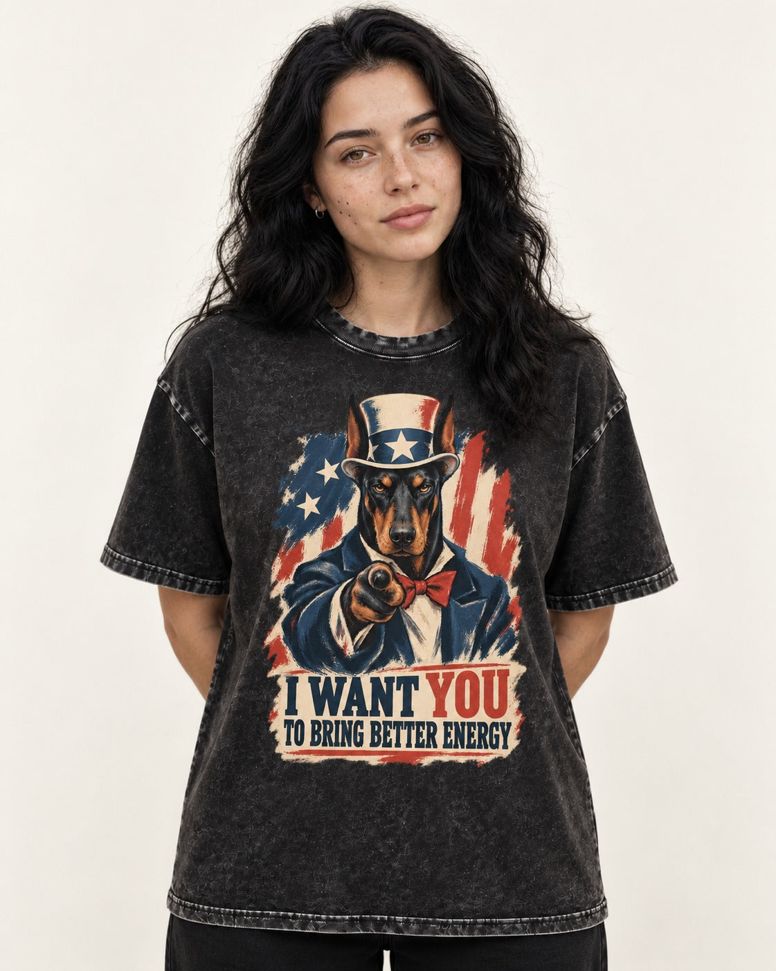 Doberman I Want You to Bring Better Energy Uncle Sam Graphic Washed Tee in Black, worn by a model