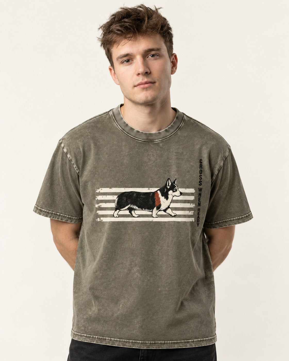 Corgi Cross When Ready Crossing Bars Graphic Washed Tee in Army Green, worn by a model