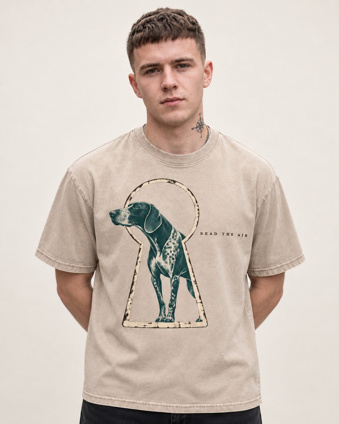 Read the Air German Shorthaired Pointer Washed Tee in Apricot, worn by a model