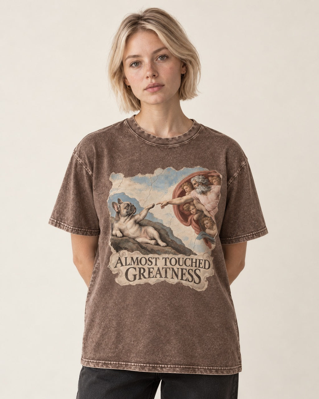 Frenchie Almost Touched Greatness Washed Tee in Coffee, worn by a model