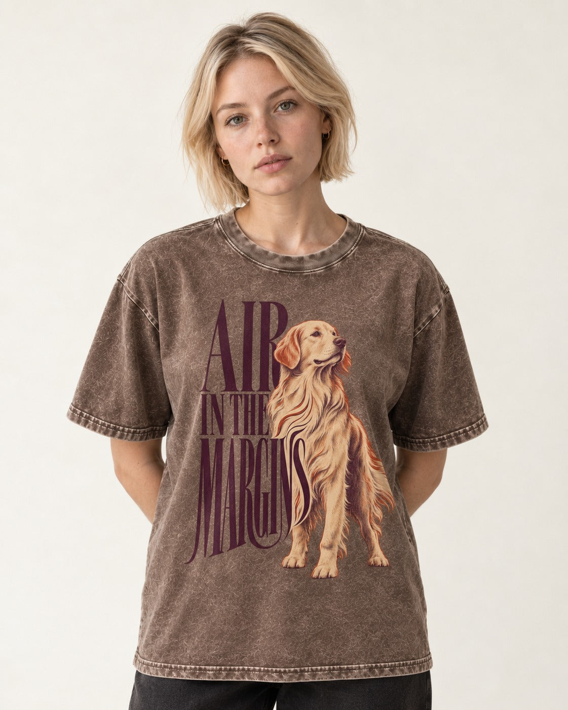 Golden Retriever In the Margins Washed Tee in Coffee, worn by a model
