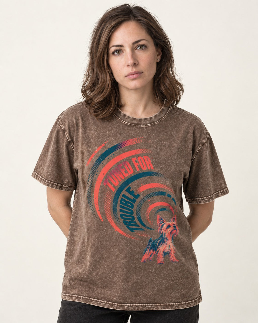 Yorkshire Terrier Tuned for Trouble Washed Tee in Coffee, worn by a model