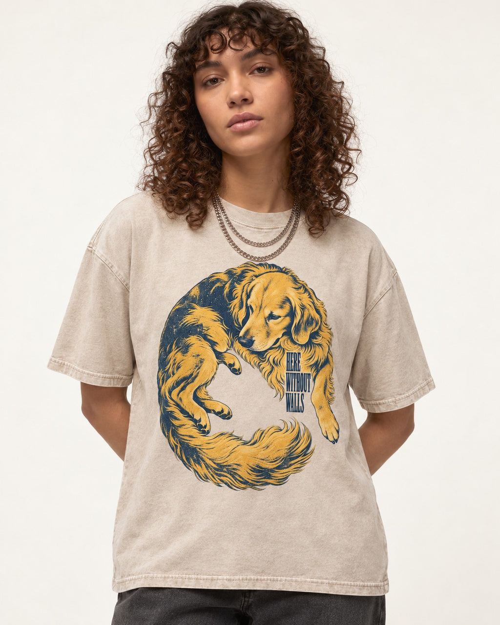 Golden Retriever Here Without Walls Curled Portrait Graphic Washed Tee in Apricot, worn by a model