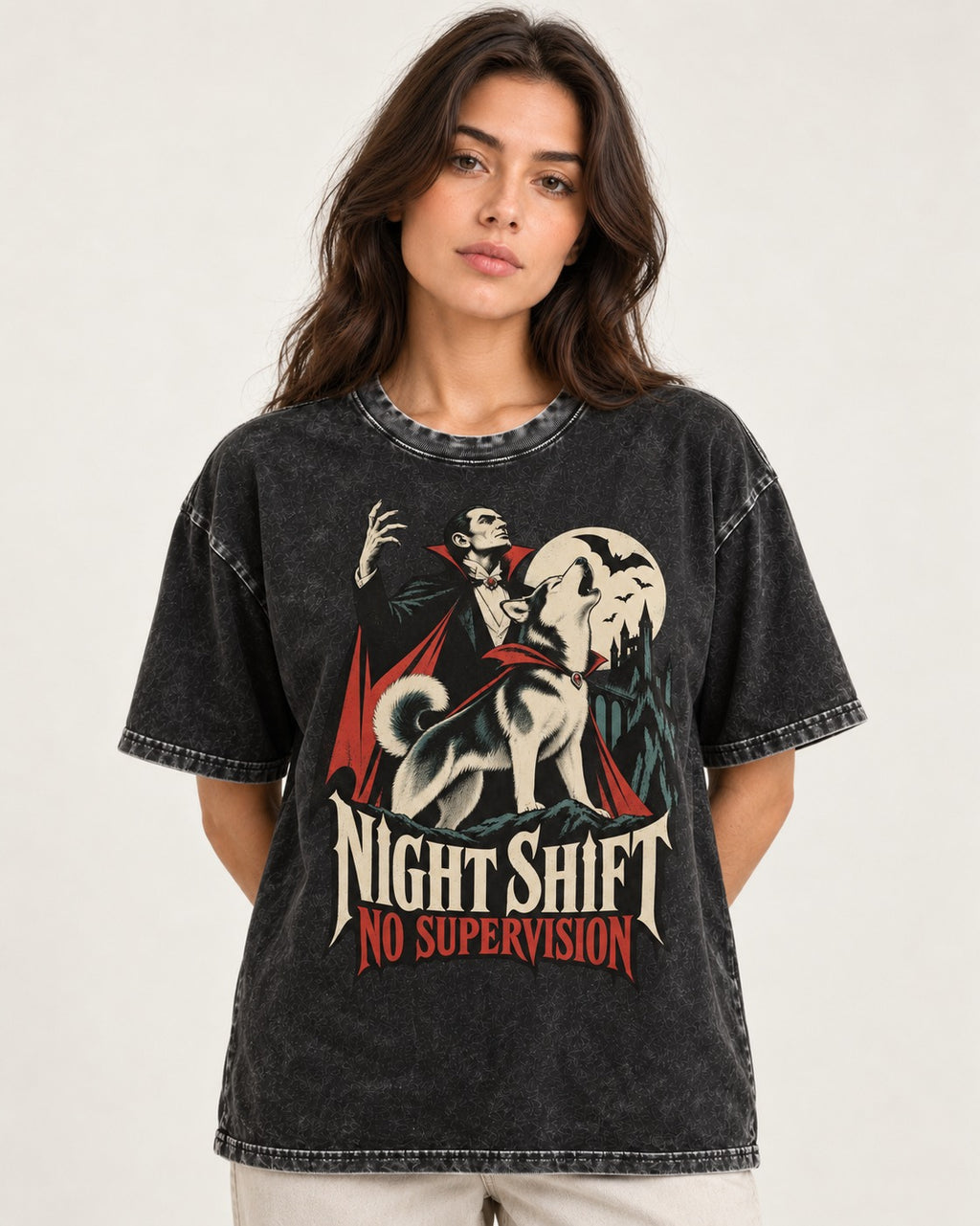 Husky Night Shift No Supervision Vampire Graphic Washed Tee in Black, worn by a model