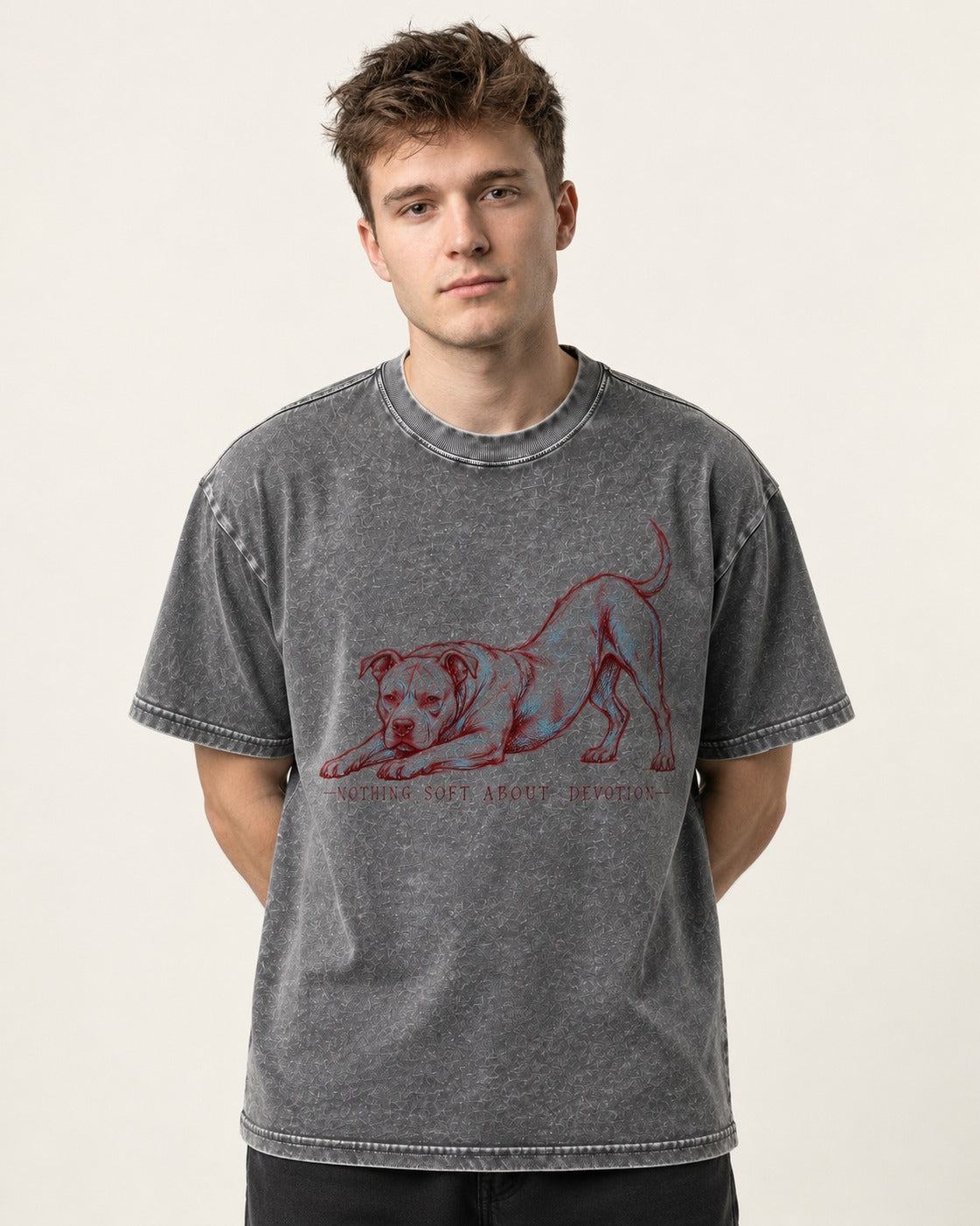 Nothing Soft About Pitbull Devotion Washed Tee in Gray, worn by a model