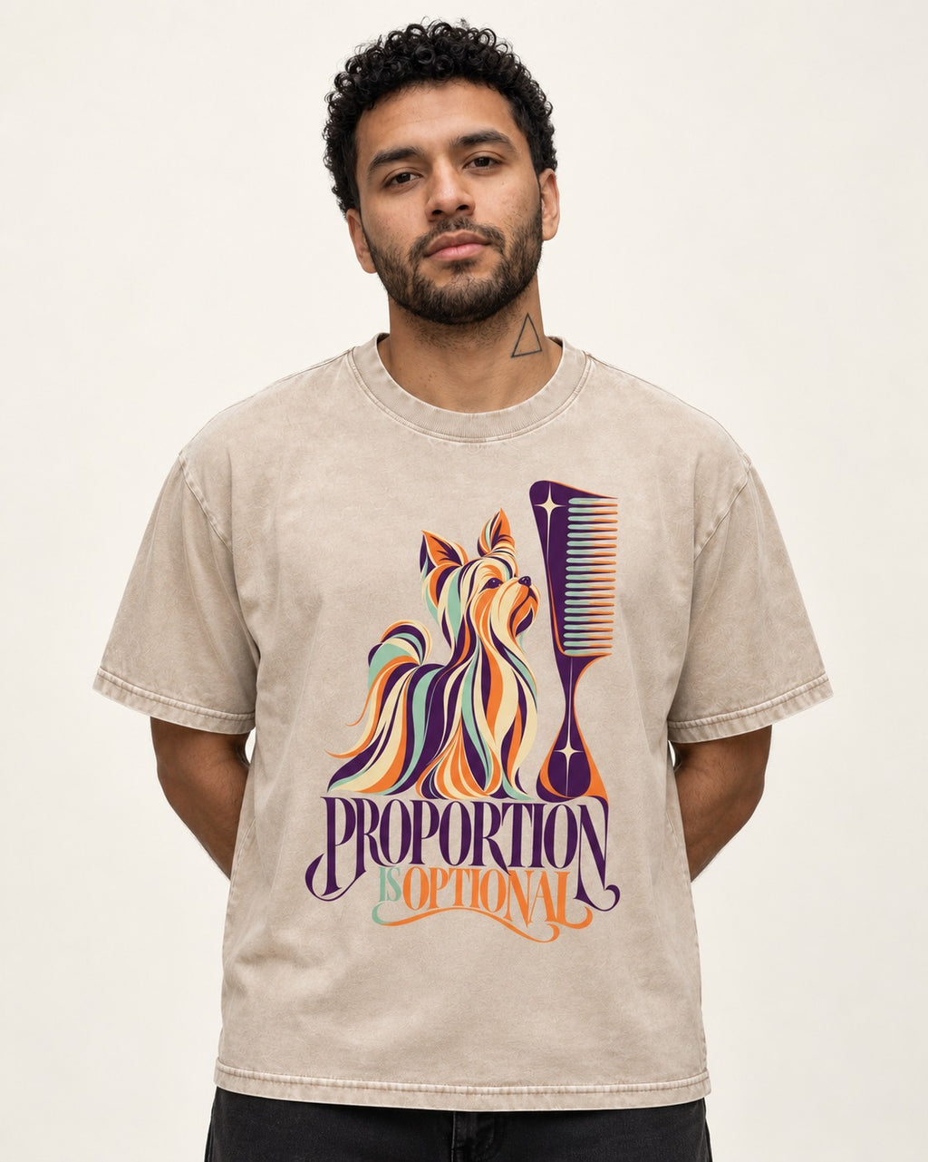 Yorkshire Terrier Proportion Is Optional Washed Tee in Apricot, worn by a model