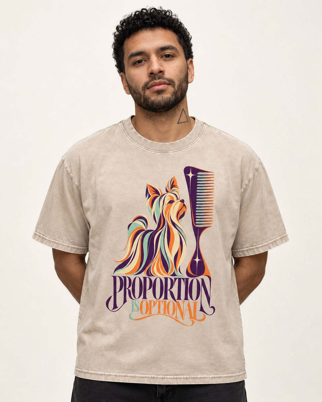 Yorkshire Terrier Proportion Is Optional Washed Tee in Apricot, worn by a model