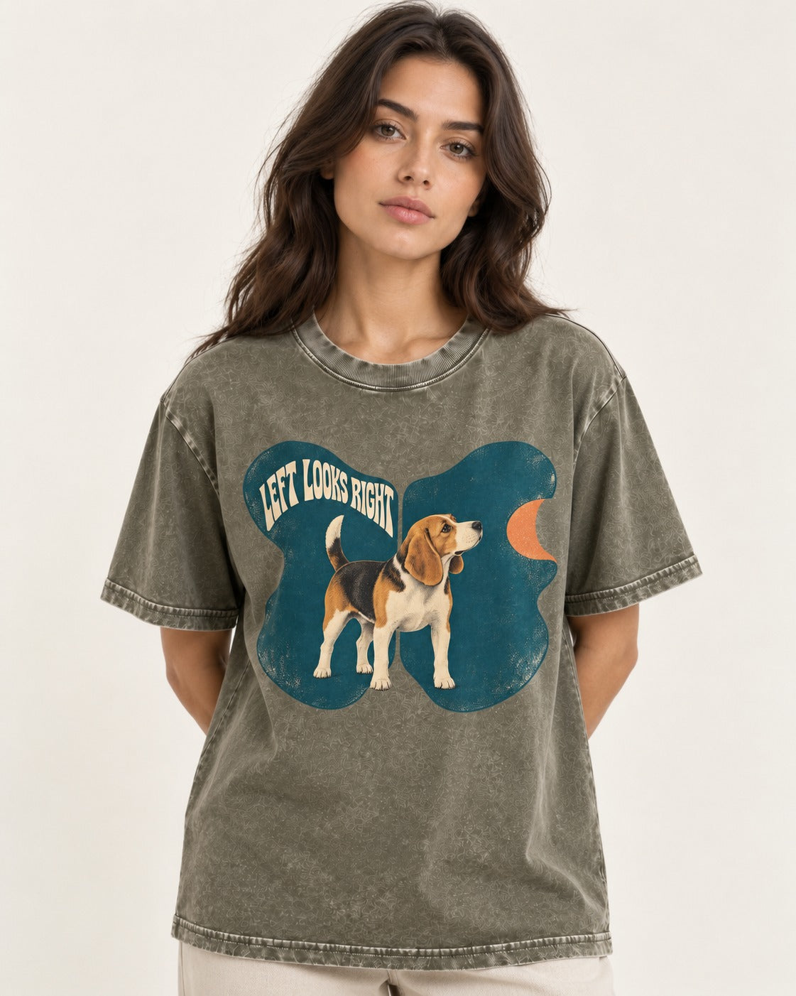 Left Looks Right Beagle Abstract Shapes Washed Tee in Army Green, worn by a model