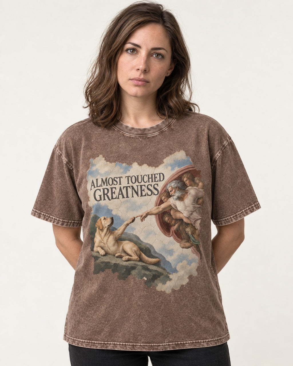 Labrador Retriever Almost Touched Greatness Washed Tee in Coffee, worn by a model