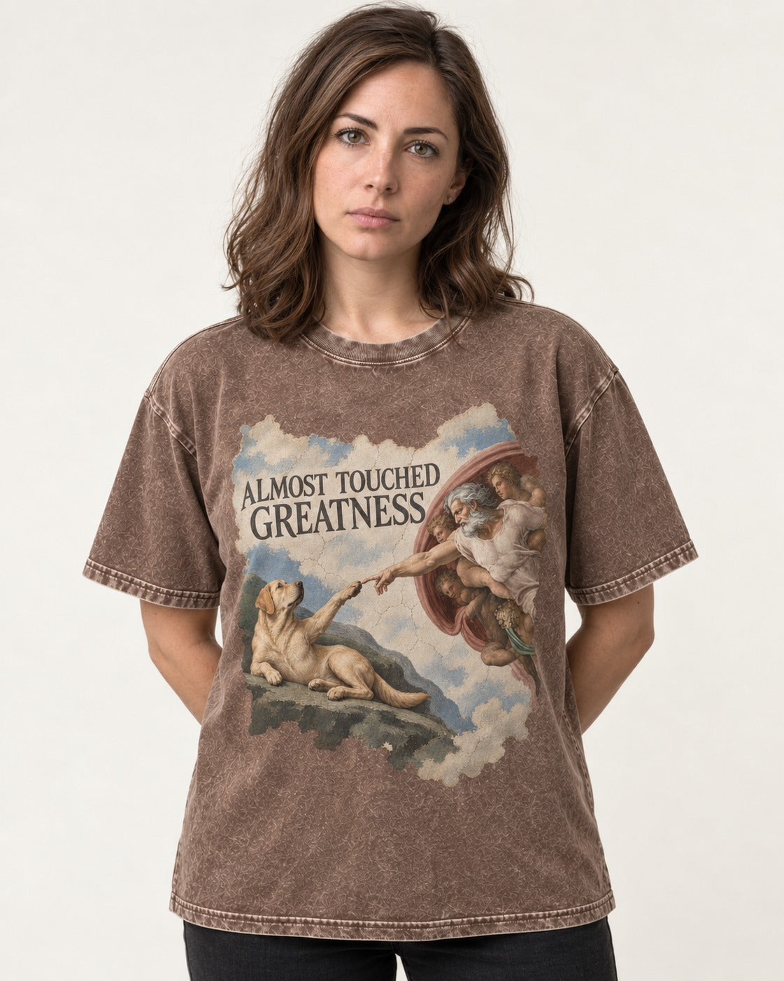 Labrador Retriever Almost Touched Greatness Washed Tee in Coffee, worn by a model