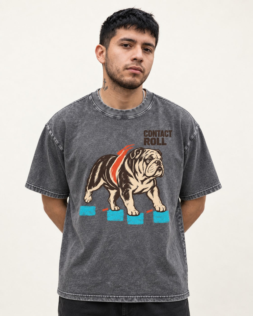 Contact Roll English Bulldog Washed Tee in Gray, worn by a model