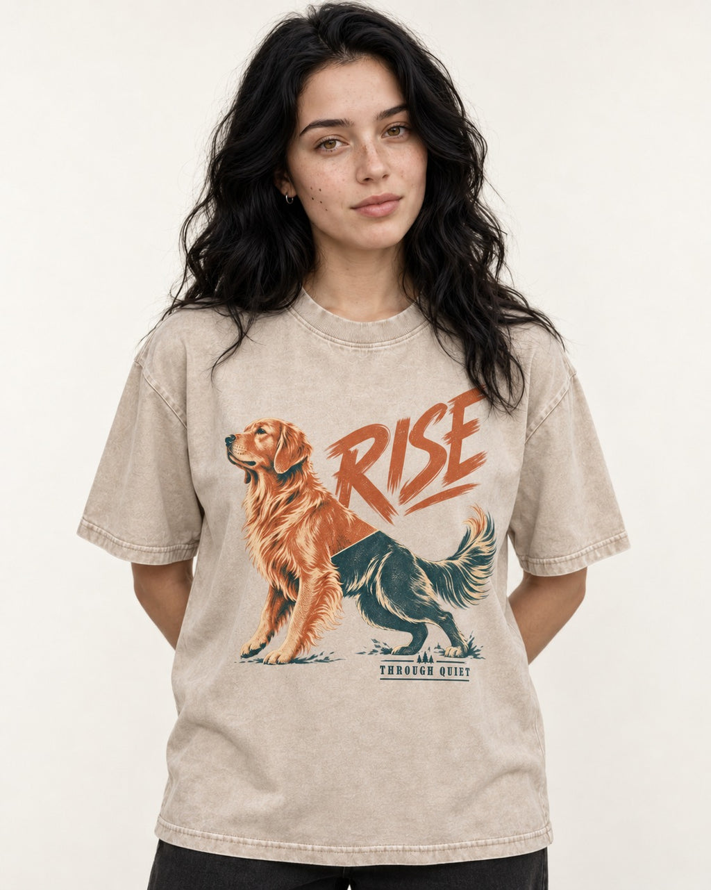 Golden Retriever Rise Through Quiet Washed Tee in Apricot, worn by a model