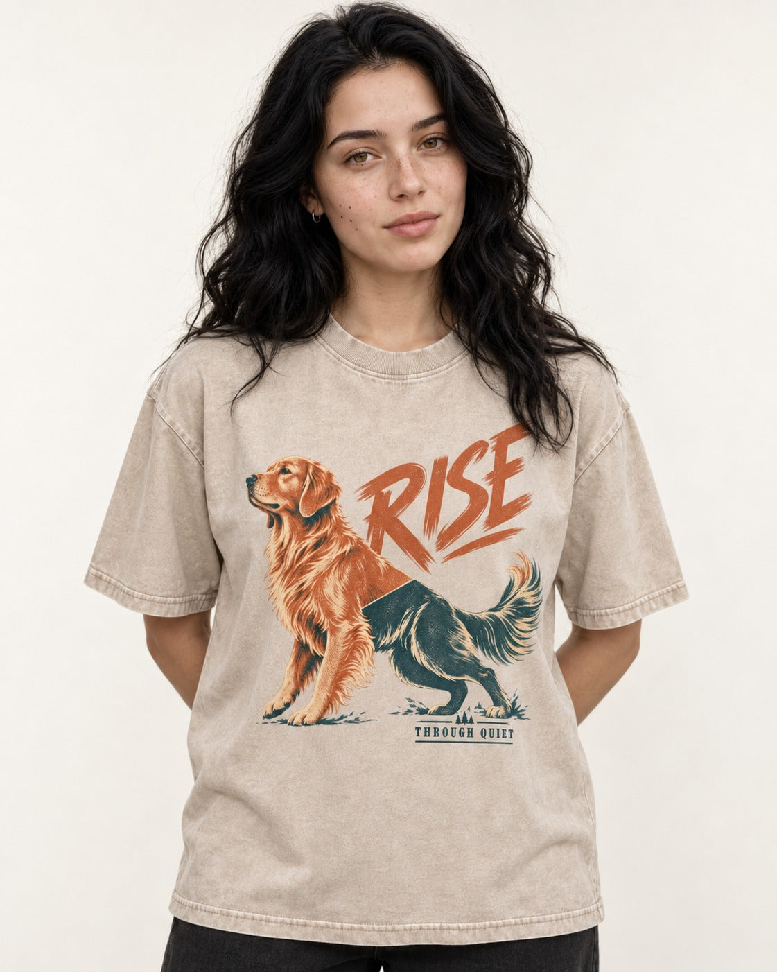 Golden Retriever Rise Through Quiet Washed Tee in Apricot, worn by a model