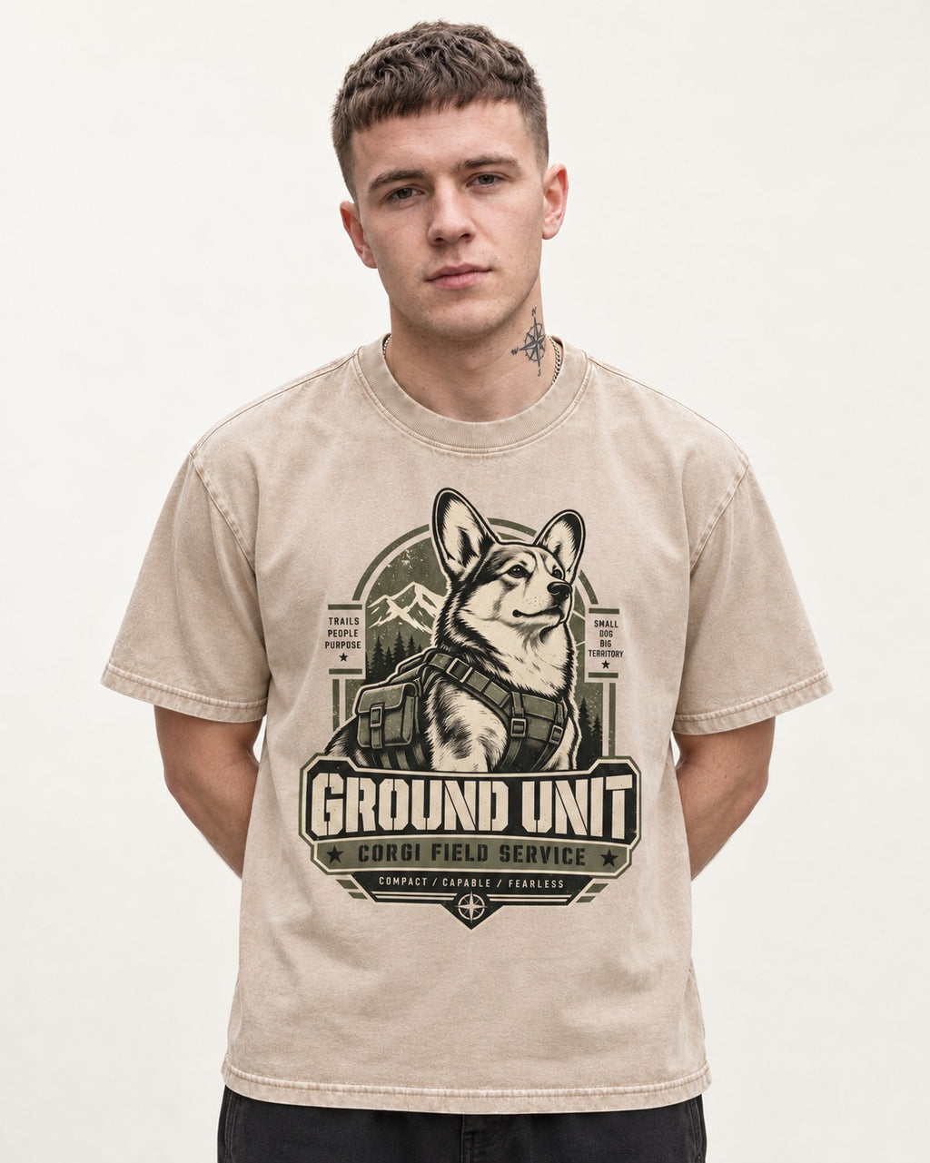 Corgi Ground Unit Field Service Badge Washed Tee in Apricot, worn by a model