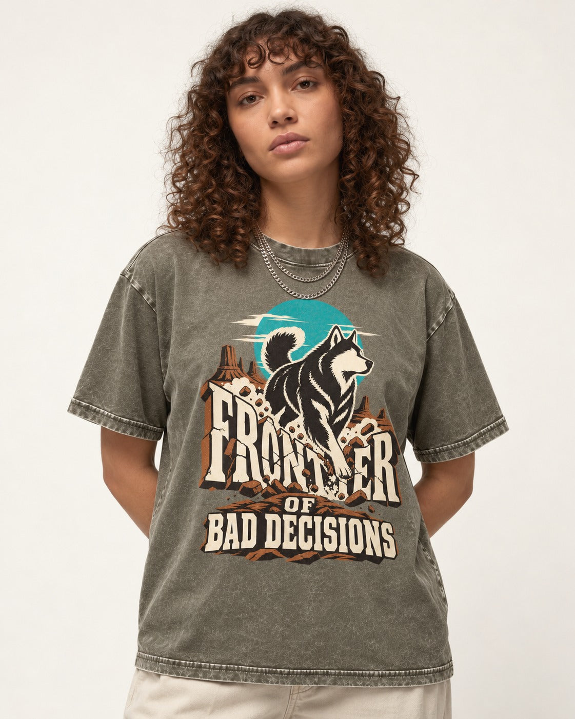 Husky Frontier of Bad Decisions Desert Graphic Washed Tee in Army Green, worn by a model