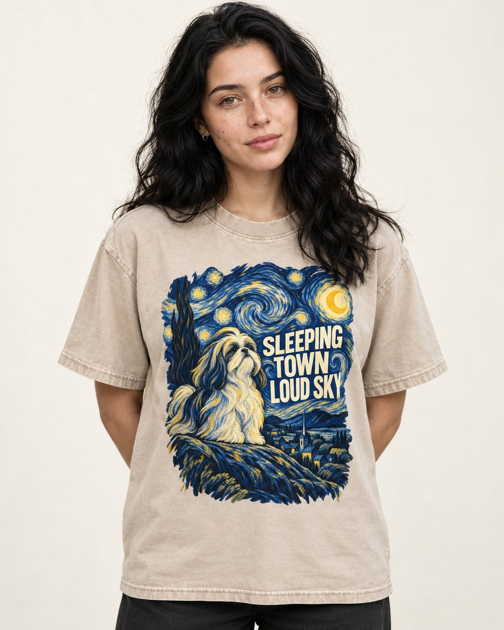Shih Tzu Sleeping Town Loud Sky Swirling Night Graphic Washed Tee in Apricot, worn by a model