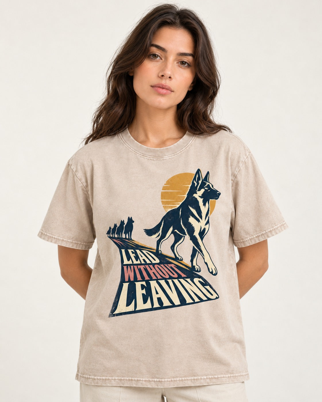 Lead Without Leaving Perspective German Shepherd Dog Graphic Washed Tee in Apricot, worn by a model