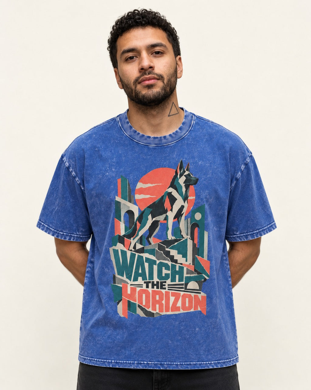 Watch The Horizon Cut Paper Cityscape German Shepherd Dog Graphic Washed Tee in Royal Blue, worn by a model