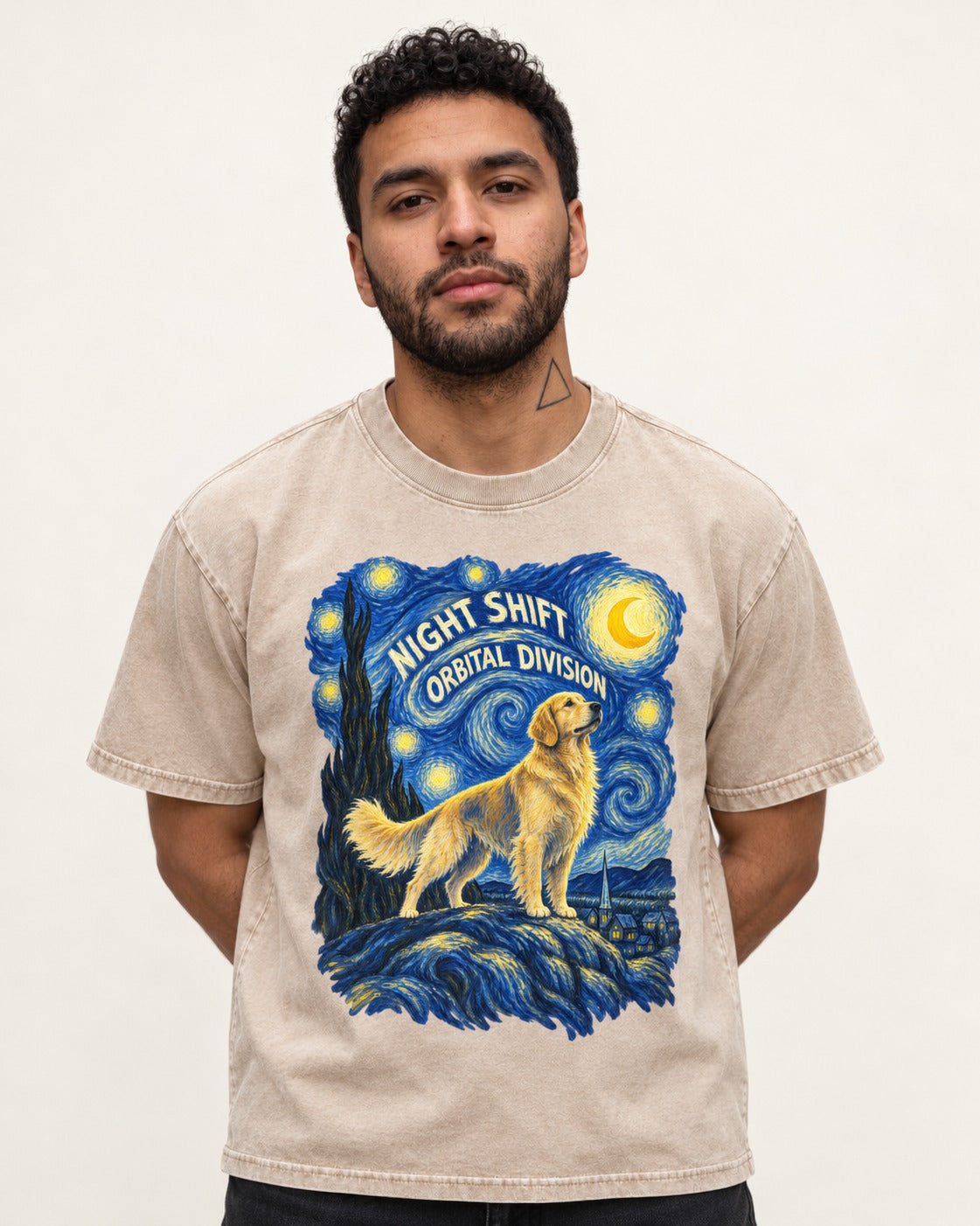 Night Shift Orbital Division Starry Night Golden Retriever Graphic Washed Tee in Apricot, worn by a model