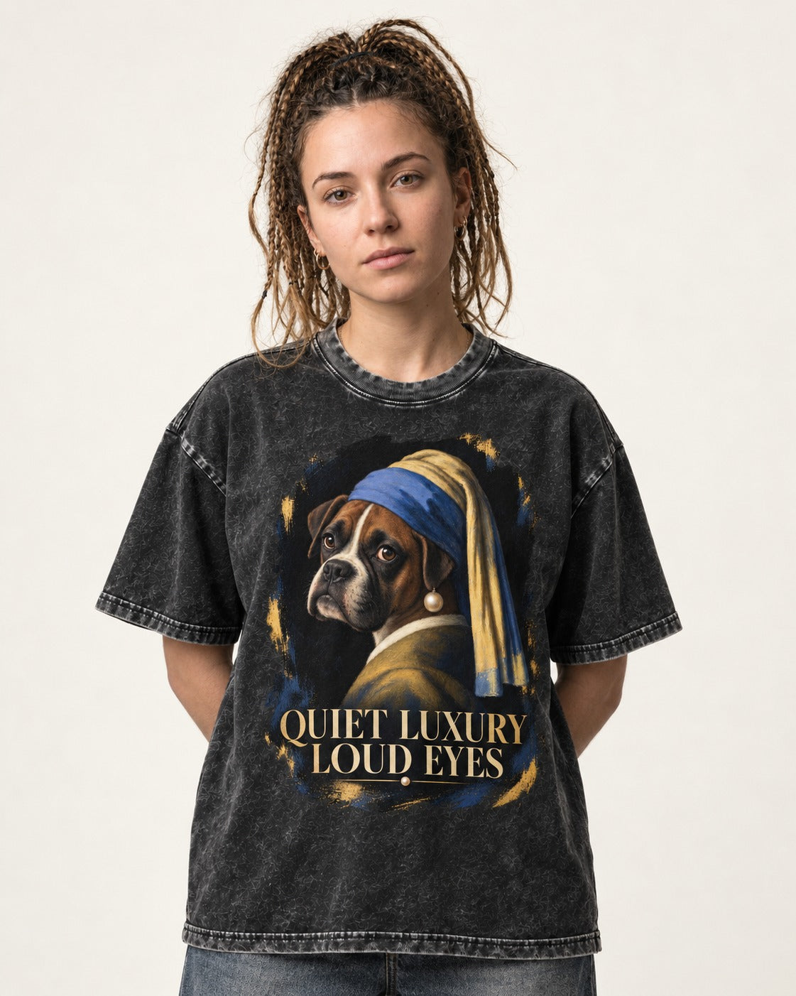 Quiet Luxury Loud Eyes Boxer Pearl Portrait Washed Tee in Black, worn by a model