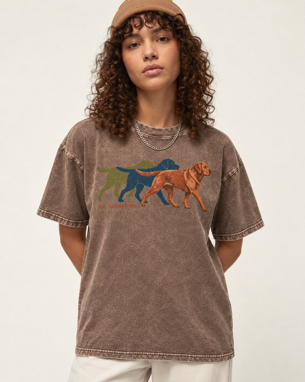 Take the Long Moment Labrador Retriever Washed Tee in Coffee, worn by a model