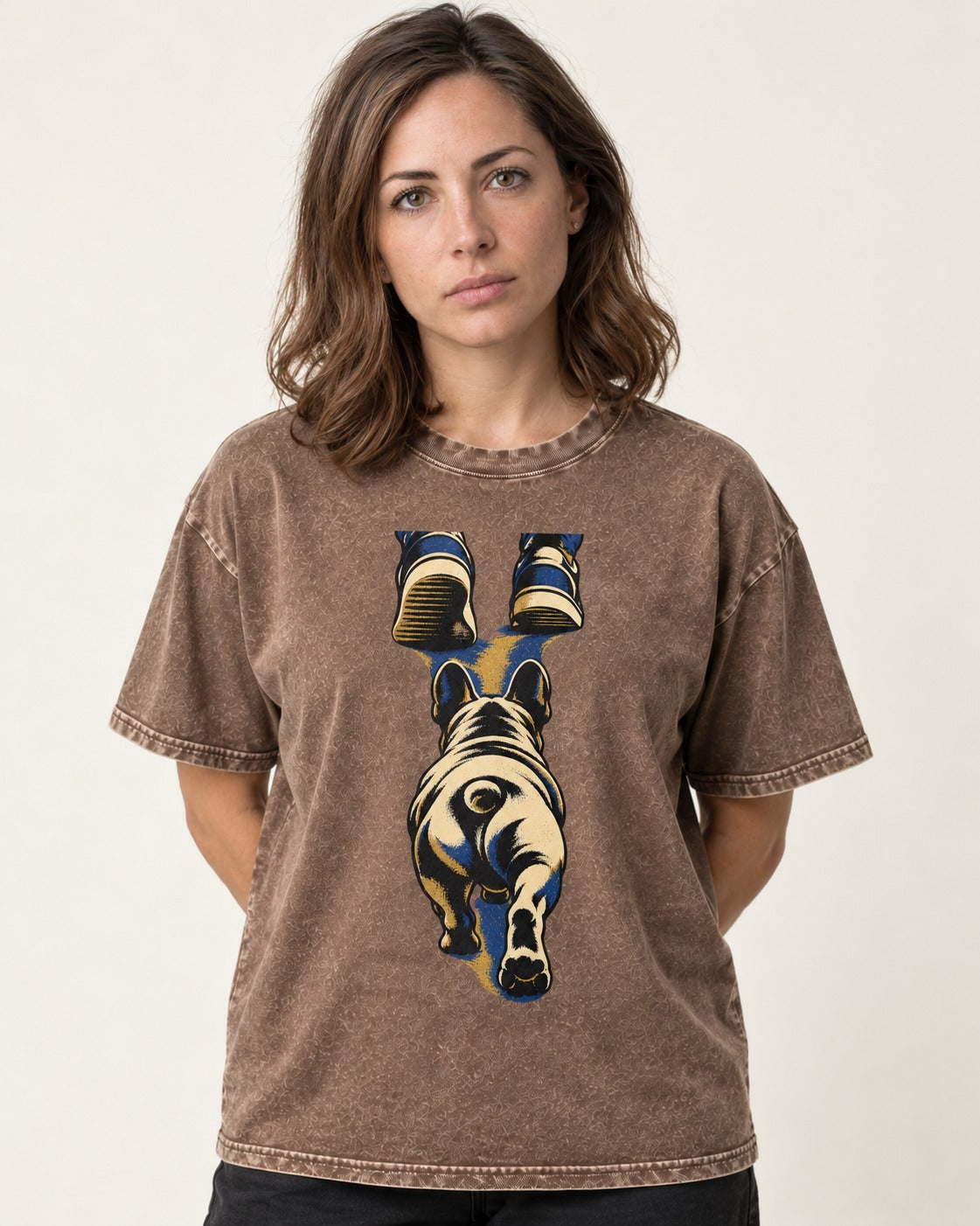 Frenchie Wherever I Go Washed Tee in Coffee, worn by a model