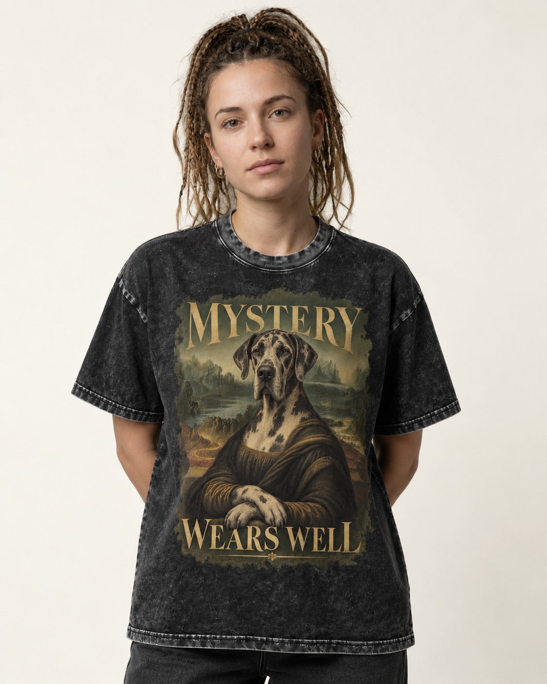 Great Dane Mystery Wears Well Renaissance Portrait Graphic Washed Tee in Black, worn by a model