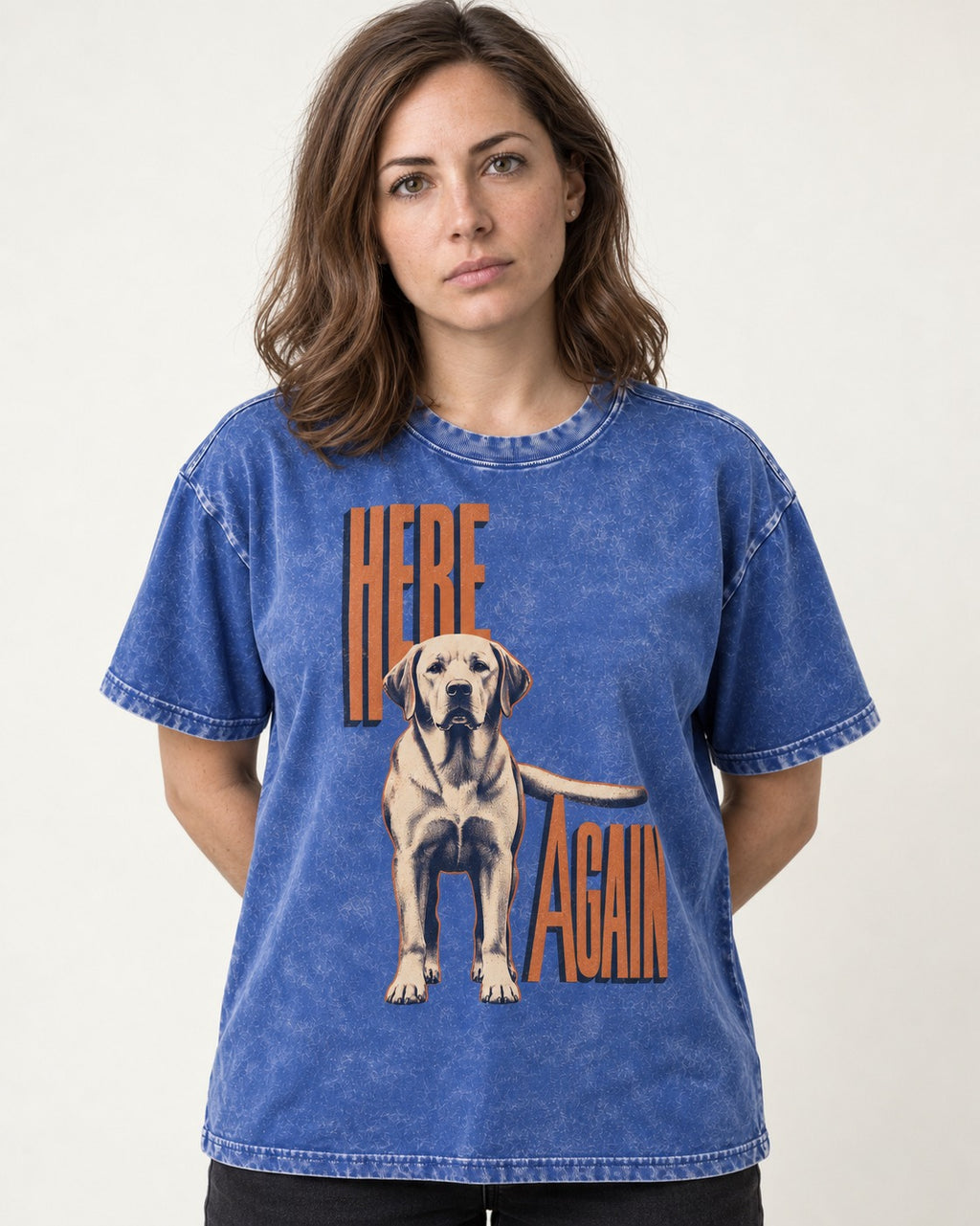 Labrador Retriever Here Again Standing Typography Graphic Washed Tee in Royal Blue, worn by a model