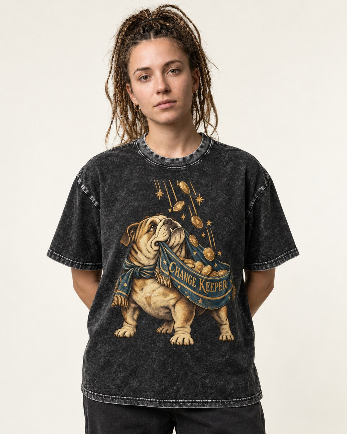 English Bulldog Change Keeper Coin Scarf Graphic Washed Tee in Black, worn by a model