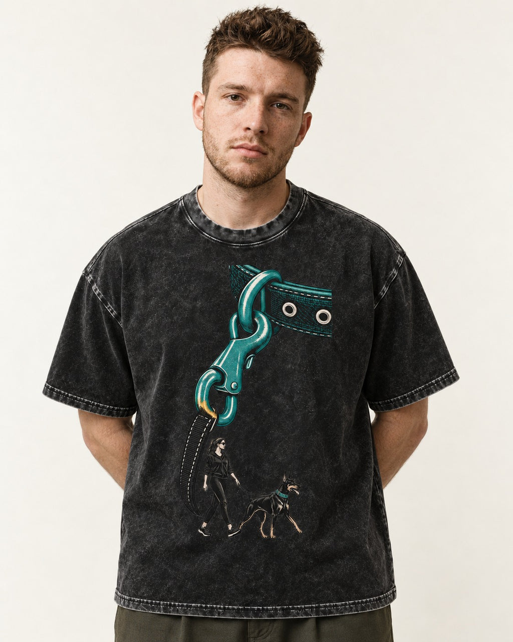 Doberman Oversized Leash Hardware Walk Graphic Washed Tee in Black, worn by a model