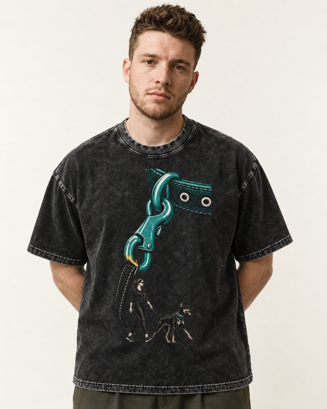 Doberman Oversized Leash Hardware Walk Graphic Washed Tee in Black, worn by a model