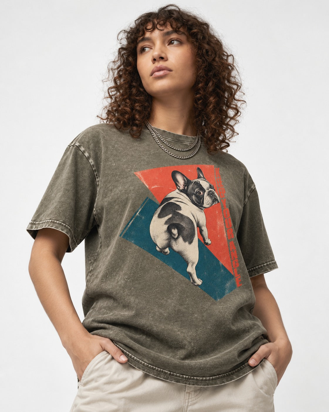 Frenchie Keep Your Angle Geometric Graphic Washed Tee in Army Green, worn by a model