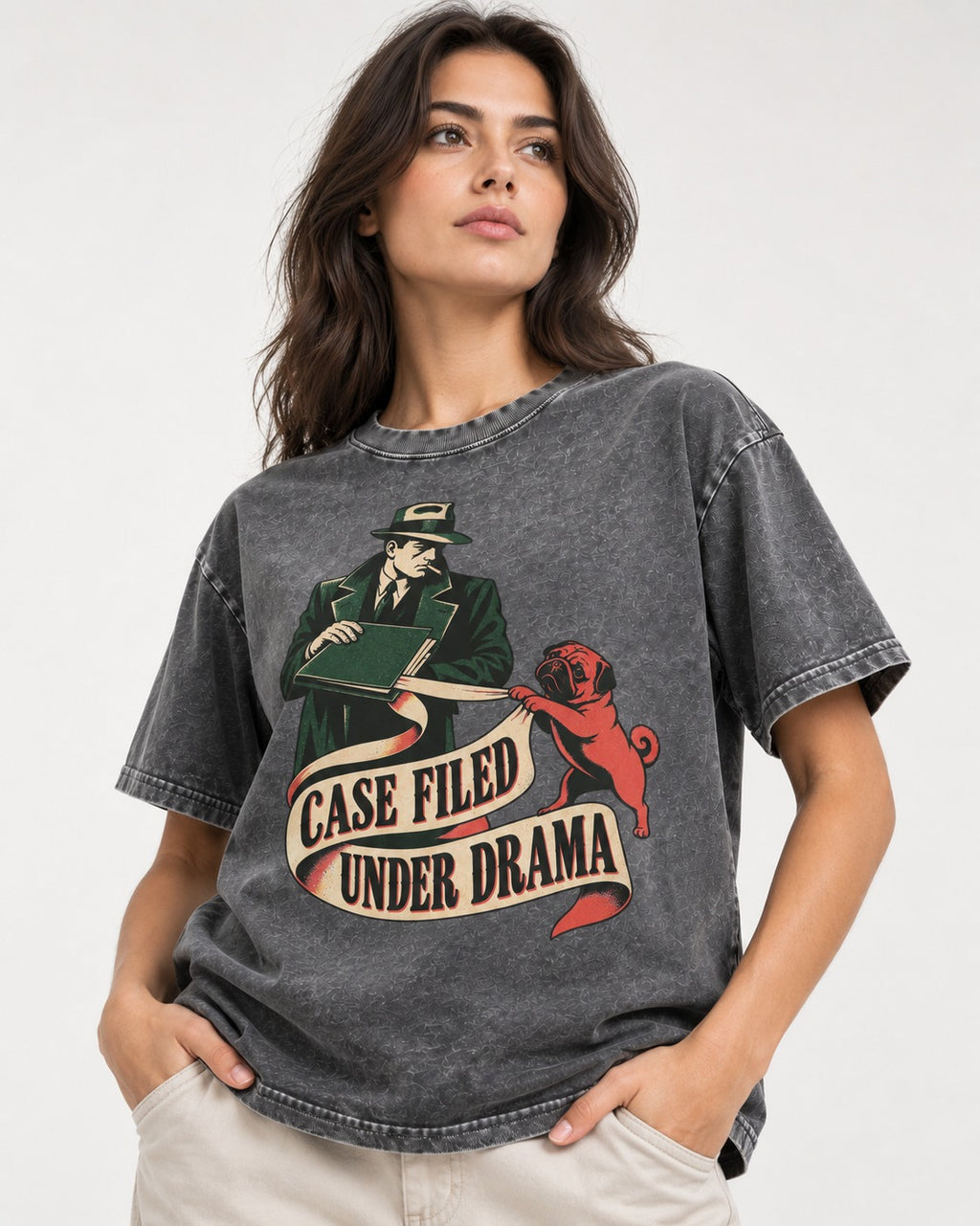 Pug Case Filed Under Drama Washed Tee in Gray, worn by a model