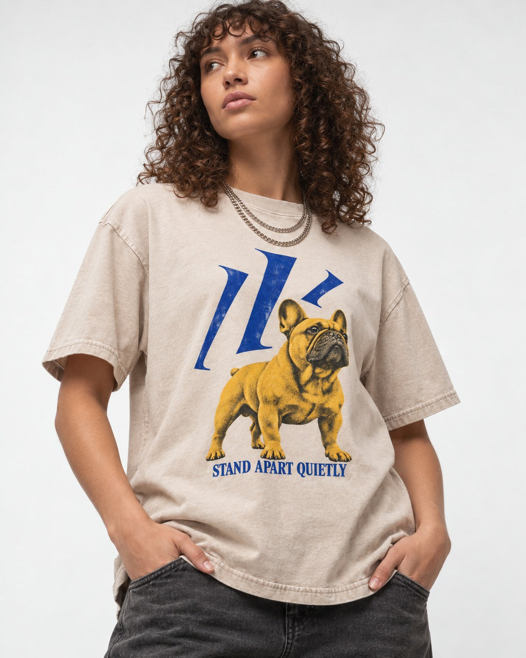 Frenchie Stand Apart Quietly Washed Tee in Apricot, worn by a model