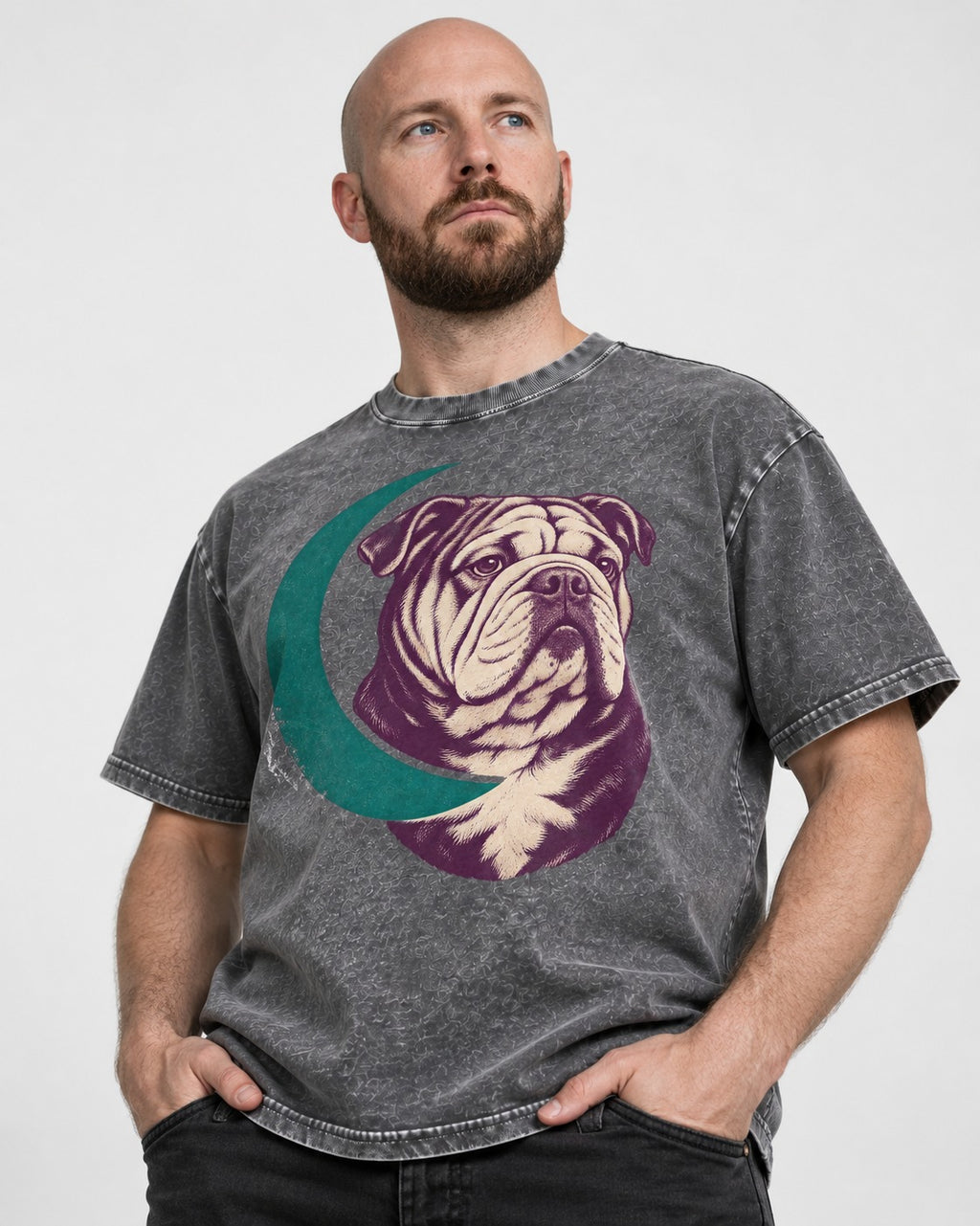Moonstruck English Bulldog Washed Tee in Gray, worn by a model