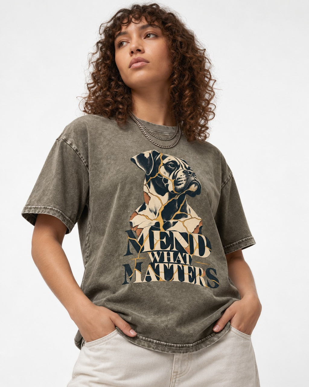 Mend What Matters Boxer Kintsugi Portrait Washed Tee in Army Green, worn by a model