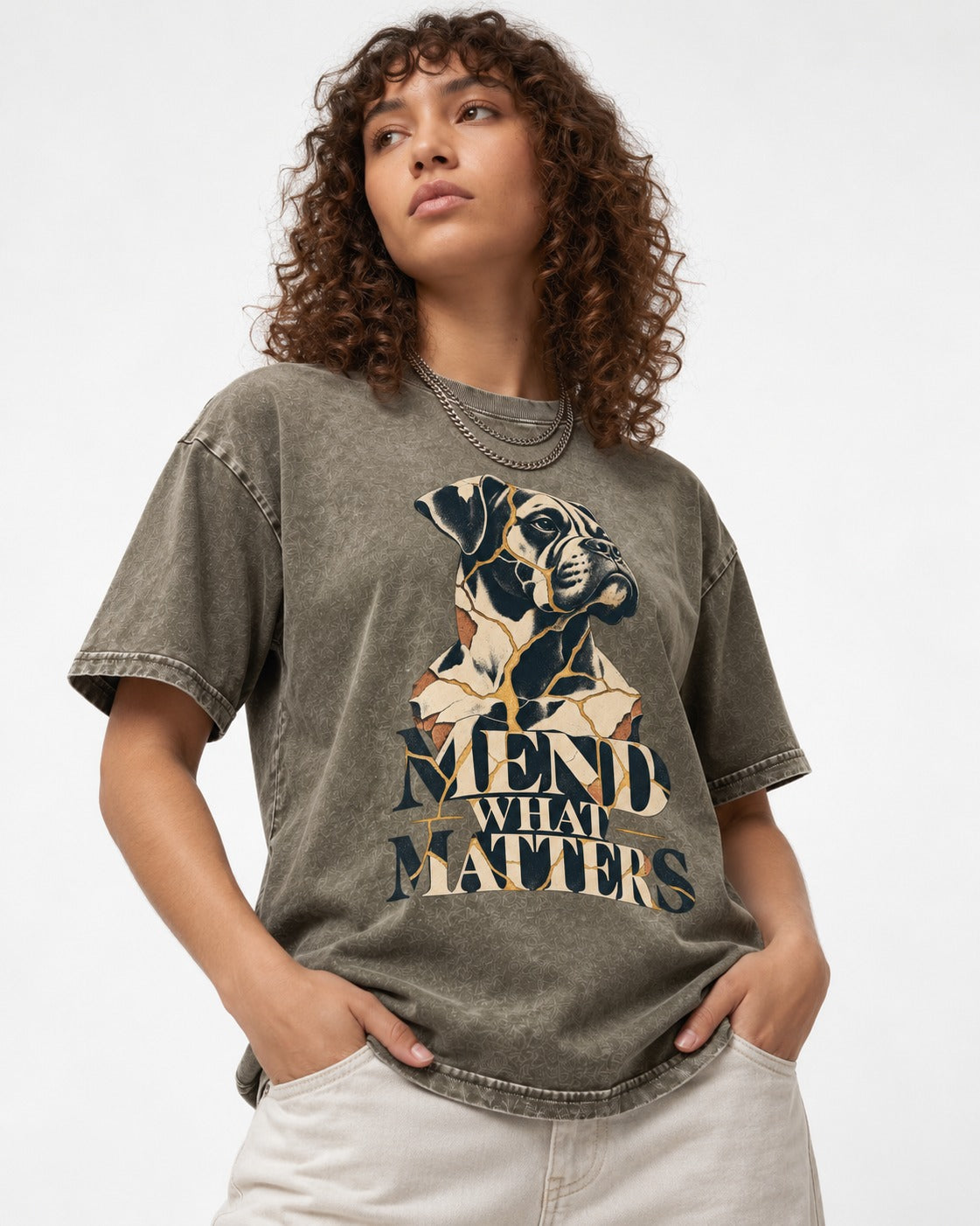 Mend What Matters Boxer Kintsugi Portrait Washed Tee in Army Green, worn by a model