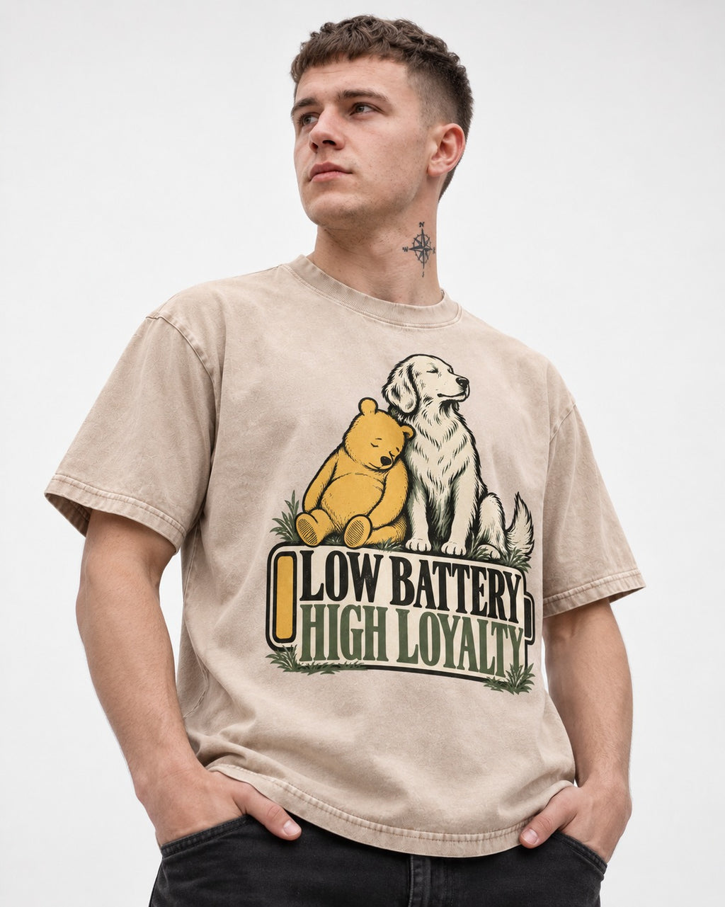 Golden Retriever Low Battery High Loyalty Washed Tee in Apricot, worn by a model