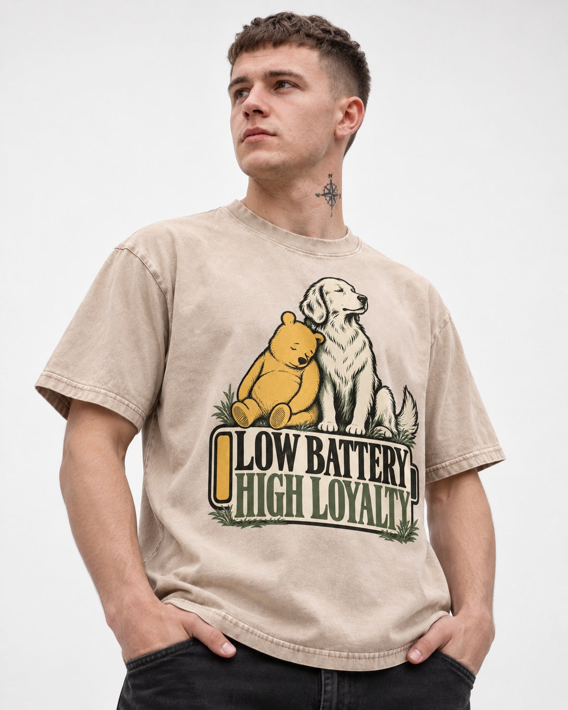 Golden Retriever Low Battery High Loyalty Washed Tee in Apricot, worn by a model