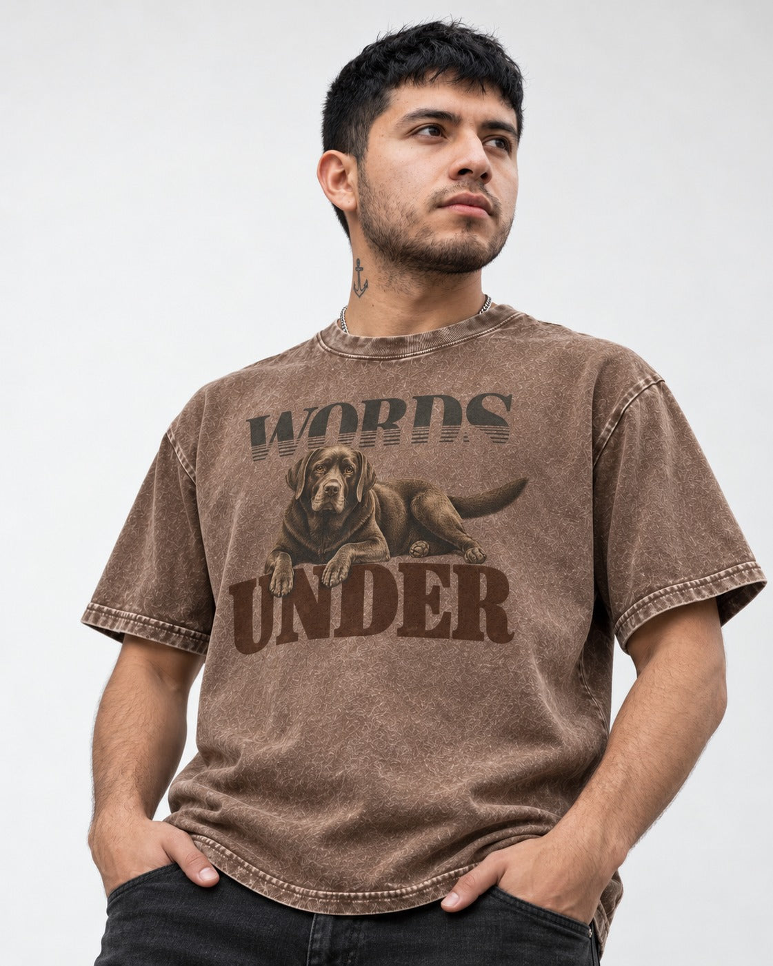 Words Under Labrador Retriever Washed Tee in Coffee, worn by a model