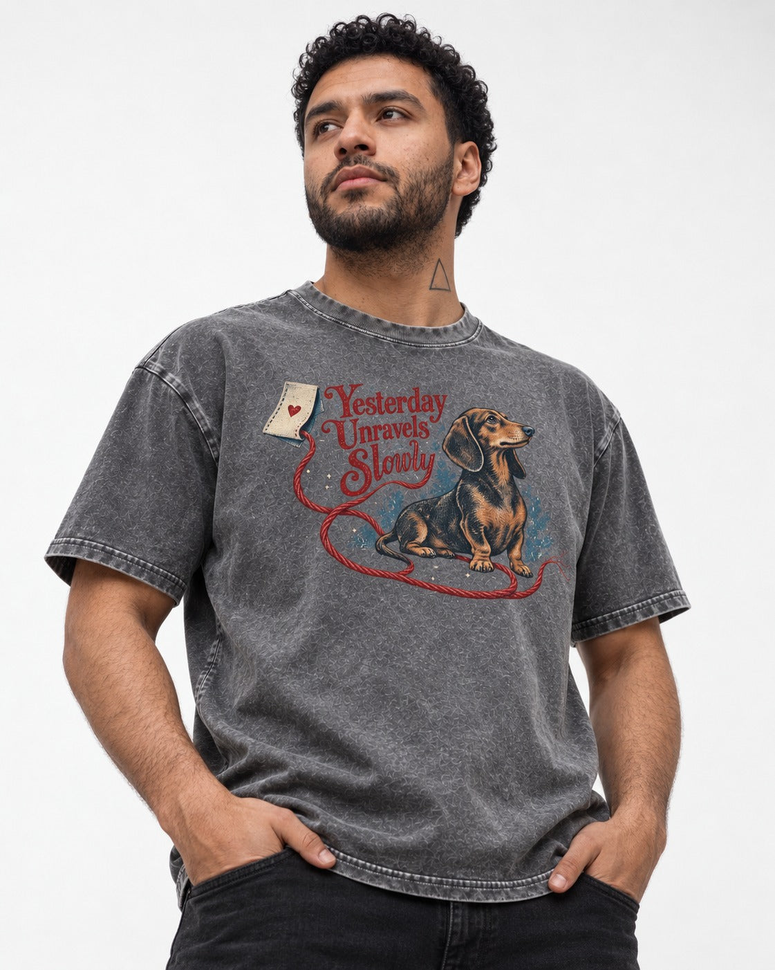 Yesterday Unravels Slowly with Dachshund Washed Tee in Gray, worn by a model