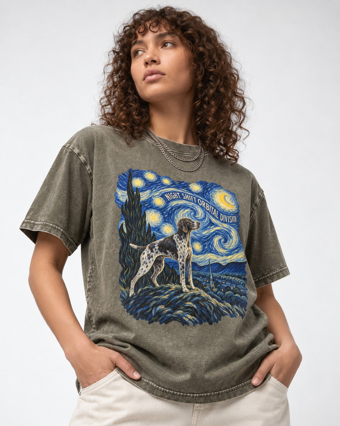 German Shorthaired Pointer Night Shift Orbital Division Starry Night Graphic Washed Tee in Army Green, worn by a model